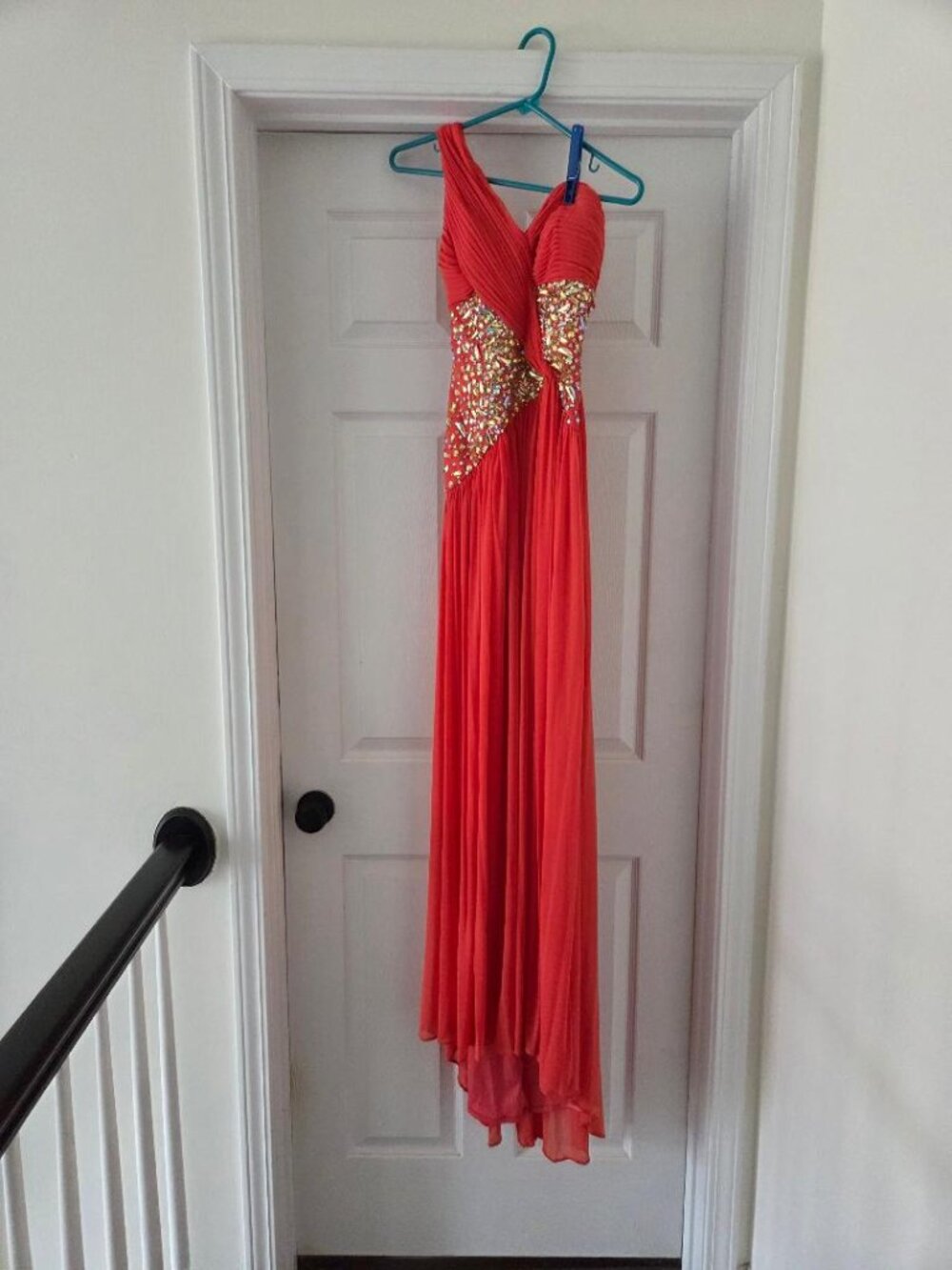 Prom Dress Coral Color with silver beading, Size 2